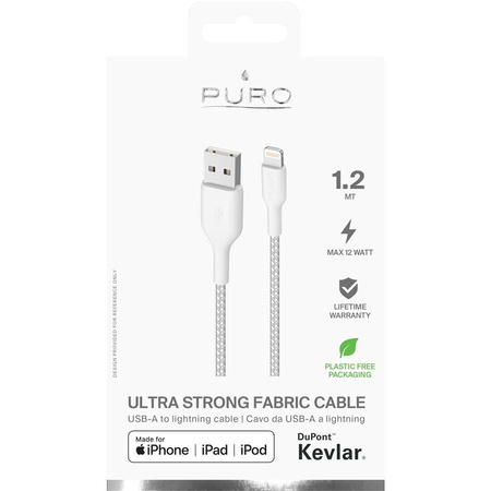 PURO Fabric Ultra Strong - odolný opletený kabel USB-A / Lightning MFi 1,2 m (bílý)