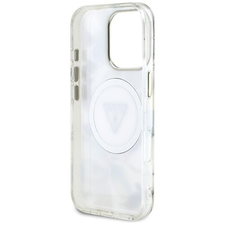 Guess Glitter Flowers Triangle Buttons MagSafe - Hülle für iPhone 16 Pro (weiß)