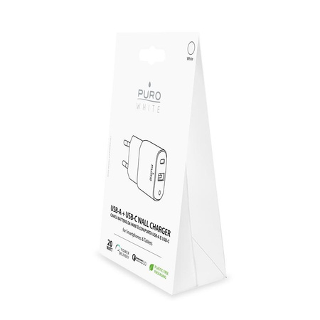 PURO White Mini Fast Travel Charger - Szybka ładowarka sieciowa USB-A + USB-C Power Delivery 20W (biały)