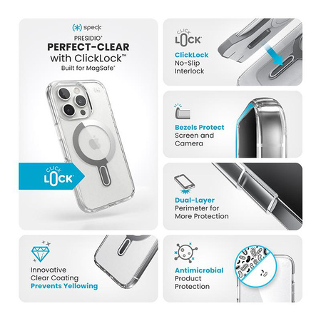 Speck Presidio Perfect-Clear ClickLock & MagSafe - Pouzdro iPhone 16 Pro (Clear / Chrome Finish / Serene Silver)