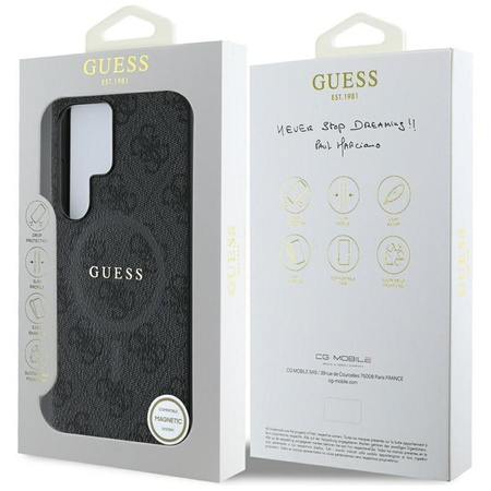 Guess Leather 4G Coloured Ring Classic Logo MagSafe - étui pour Samsung Galaxy S25 Ultra (noir)