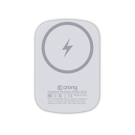 Crong MagSpot Power Bank - Ultravékony vezeték nélküli külső akkumulátor MagSafe akkumulátorral 5000mAh, USB-C 20W PD (fehér)