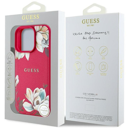 Guess MagSafe - Tasche mit genarbtem Blumenmuster für iPhone 16 Pro Max (fuchsia)