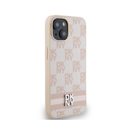 Kožené pouzdro DKNY s kostkovaným jednobarevným vzorem a tištěnými pruhy - iPhone 15 Plus / 14 Plus (růžové)