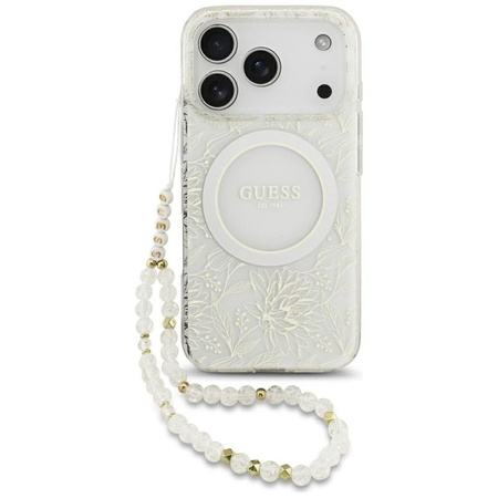 ETUI DO IPHONE 17 PRO do MAGSAFE GUESS BIAŁE ORYGINALNE ZE SMYCZĄ KWIATY