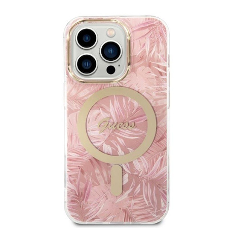 Guess Bundle Pack MagSafe IML Jungle - Zestaw etui + ładowarka MagSafe iPhone 14 Pro (różowy/złoty)