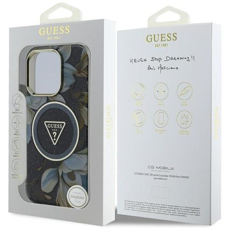 Guess Glitter Flowers Triangle Buttons MagSafe - pouzdro pro iPhone 16 Pro Max (černé)