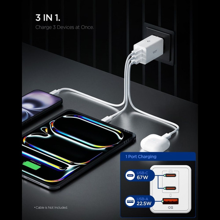 Spigen Essential EE673EU GaN Pro - Nabíječka do zásuvky 2x USB-C + USB-A 67W (Bílá)