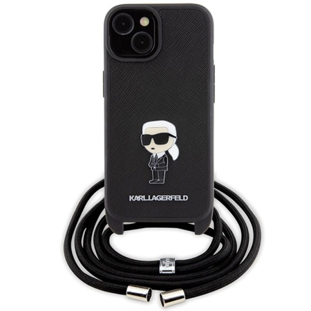 Karl Lagerfeld Crossbody Saffiano Monogram Ikonik Metal Pin - Case for iPhone 15 (Black)