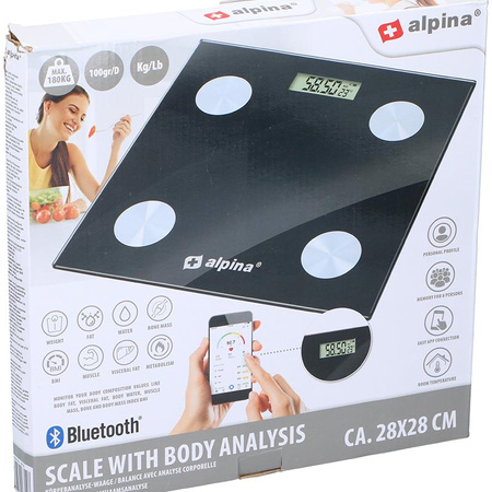 Alpina - Intelligente Waage mit BMI-Körperanalysator, Bluetooth, App (schwarz)
