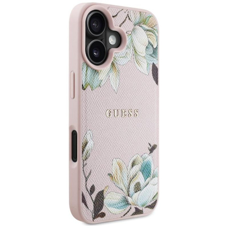 Guess MagSafe - Tasche mit genarbtem Blumenmuster für iPhone 16 (rosa)