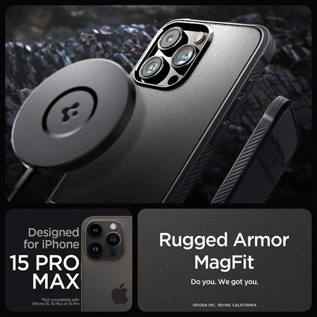 Spigen Rugged Armor MagSafe - Étui pour iPhone 15 Pro Max (Noir mat)
