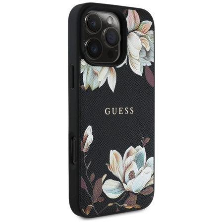 Guess szemcsés nyomtatott virágmintás MagSafe - tok iPhone 16 Pro Max készülékhez (fekete)