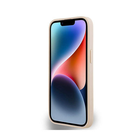 Kožené pouzdro DKNY s kostkovaným jednobarevným vzorem a tištěnými pruhy - iPhone 15 Plus / 14 Plus (růžové)