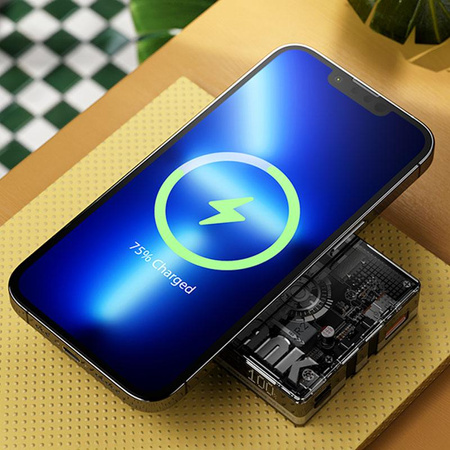 WEKOME WP-331 Vanguard Series - Indukční 10000 mAh super nabíjecí powerbanka s integrovaným USB-C a Lightning PD 20W + QC 22,5W kabel MagSafe (černá / průhledná)