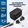Energizer Ultimate - cestovní nabíječka Multiplug EU / UK / US GaN USB-C 20W PD + kabel USB-C (černá)