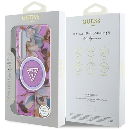 Guess Glitter Flowers Triangle Buttons MagSafe - pouzdro pro Samsung Galaxy S25 (fialové)