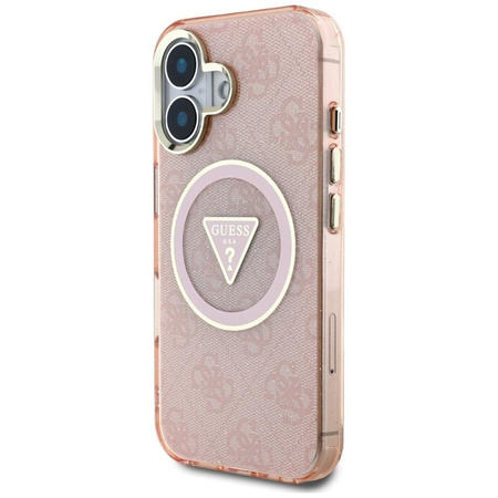 Guess IML Metal Glitter 4G Circle Triangle MagSafe - Coque pour iPhone 16 (rose)