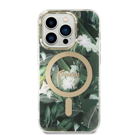 Guess Bundle Pack MagSafe IML Jungle - Set of case for iPhone 14 Pro + MagSafe charger (Khaki/Gold)