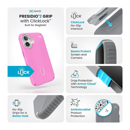 Speck Presidio2 Grip ClickLock & MagSafe - pouzdro pro iPhone 16 (True Pink / Shocking Pink / White)