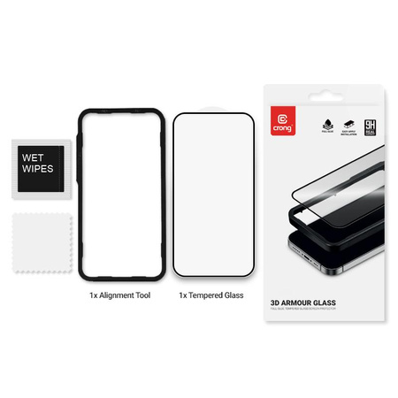 Crong 3D Panzerglas – 9H Vollflächig verklebtes gehärtetes Glas für iPhone 16 / iPhone 15 + Montagerahmen