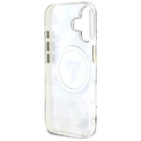 Guess Glitter Flowers Triangle Buttons MagSafe - Tasche für iPhone 16 (weiß)