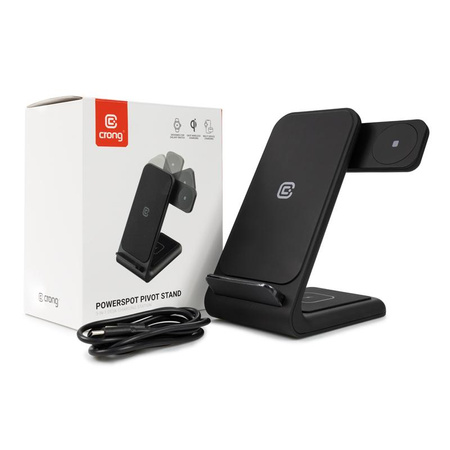 Crong PowerSpot Pivot Stand - 3-in-1 Wireless Charger for iPhone, Samsung & Android, Galaxy Watch and TWS Headphones (Black)