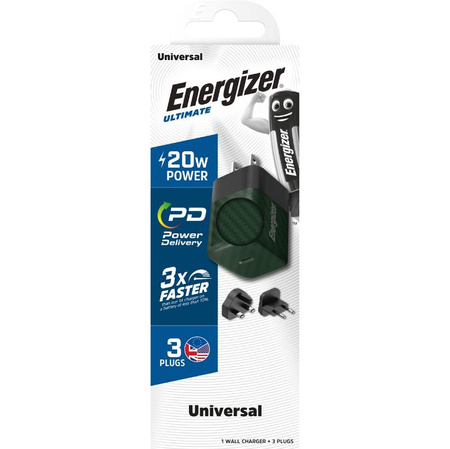 Energizer Ultimate - cestovní nabíječka Multiplug EU / UK / US GaN USB-C 20W PD (zelená)
