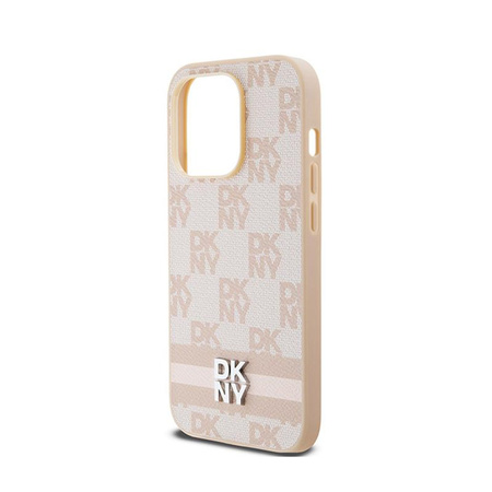 DKNY Leather Checkered Mono Pattern & Printed Stripes - iPhone 14 Pro Case (pink)