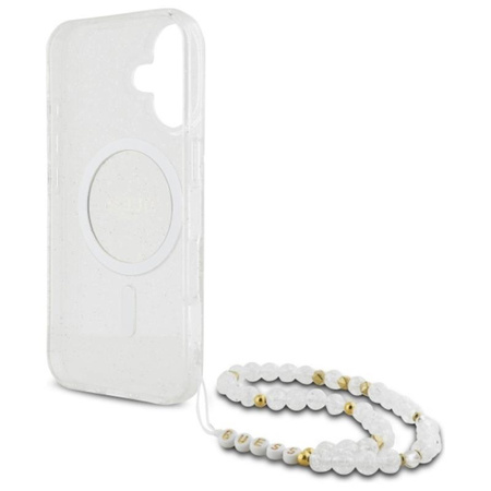 Guess IML Glitter With Pearl Strap MagSafe - pouzdro pro iPhone 16 Plus (průhledné)