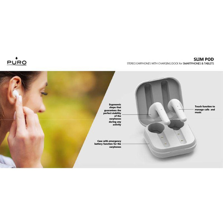 PURO SLIM POD TWS 5.0 - Bluetooth V5.0 Wireless Headphones with Charging Case, IPX5 Waterproof (White)