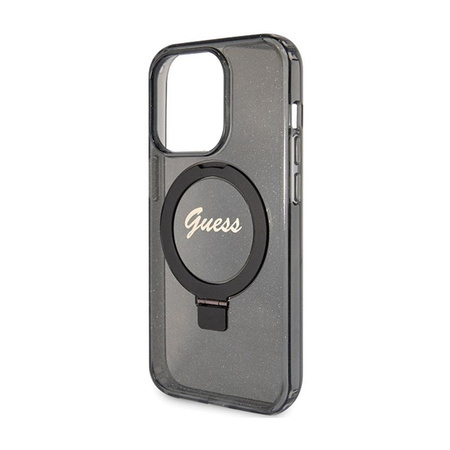 Guess Ring Stand Script Glitter MagSafe - pouzdro pro iPhone 15 Pro (černé)