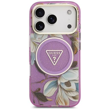 Guess IML Glitter Flowers Triangle MagSafe - Pouzdro iPhone 17 Pro (fialový)