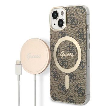 Guess Bundle Pack MagSafe 4G - sada pouzdra pro iPhone 14 Plus + nabíječka MagSafe (hnědá/zlatá)