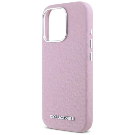 Karl Lagerfeld Saffiano Full Wrapped Elongated Metal Logo MagSafe - étui pour iPhone 16 Pro Max (rose)