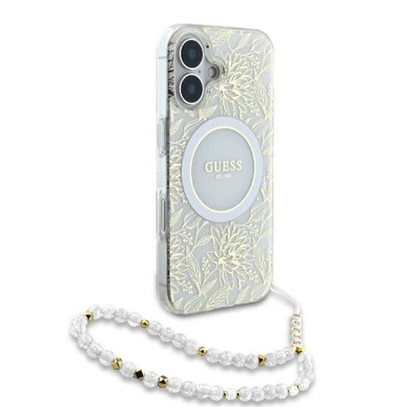 Guess IML Blumen Allover Elektro mit Perle Riemen MagSafe - iPhone 16 Plus Fall (weiß)