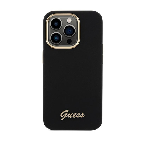 Guess Silikon Script Metall Logo & Rahmen - iPhone 15 Pro Tasche (schwarz)