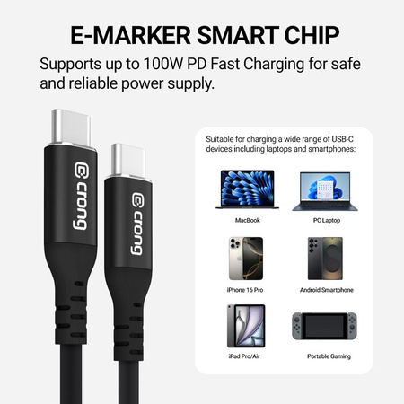 Crong Soft Link - 100W PD 5A kabel USB-C na USB-C 25 cm (černý)