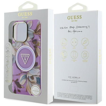 Guess Glitter Flowers Triangle Buttons MagSafe - Coque pour iPhone 16 Pro Max (violet)