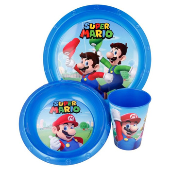 Super Mario - Sada nádobí (talíř, miska a hrnek) (modrá)
