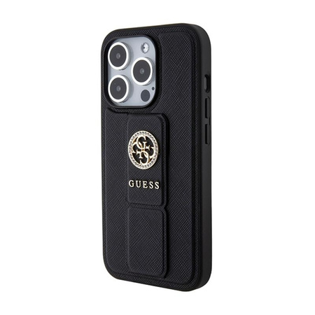 Guess Grip Stand 4G Saffiano Strass Logo - Coque iPhone 15 Pro (noir)