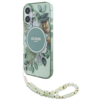 Guess IML Flowers With Pearl Strap MagSafe - pouzdro pro iPhone 16 (zelené)