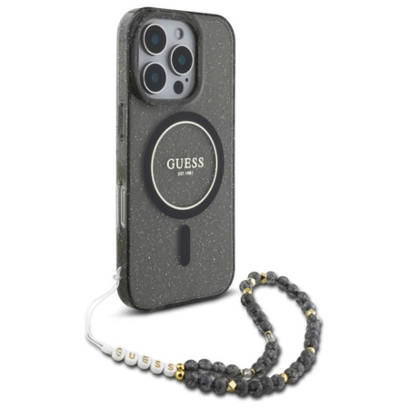 Guess IML Glitter With Pearl Strap MagSafe - Case for iPhone 16 Pro Max (Black)