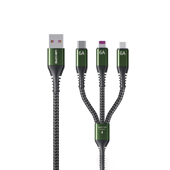 WEKOME WDC-170 Raython Series - propojovací kabel 3 v 1 USB-A na USB-C + Lightning + Micro USB 1,2 m s rychlým nabíjením (černý)