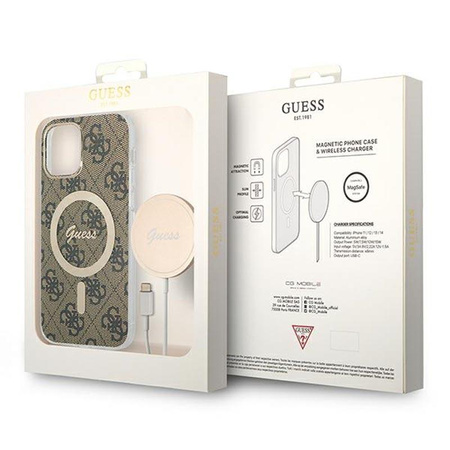 Guess Bundle Pack MagSafe 4G - sada pouzdra pro iPhone 12 / iPhone 12 Pro + nabíječka MagSafe (hnědá/zlatá)