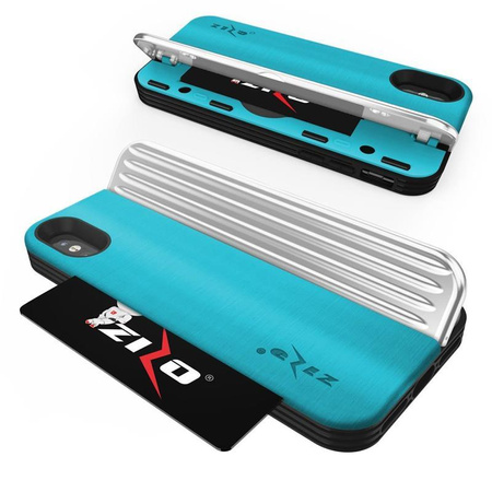 Zizo Retro Series - iPhone Xs / X case with card pocket + stand + 9H glass for screen (Baby Blue/Silver)