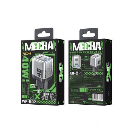 WEKOME WP-U02 Mecha Series - Chargeur de courant 2x USB-C Super Fast Charger GaN 40W (Argent)