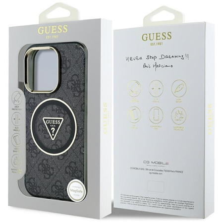 Guess IML Metal Glitter 4G Circle Triangle MagSafe - Coque pour iPhone 16 Pro (noir)