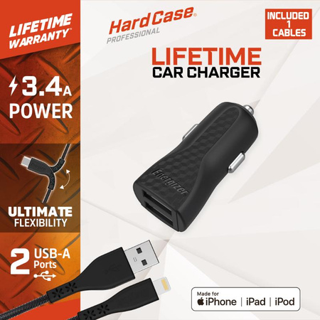 Energizer HardCase - Nabíječka do auta 2x USB-A 17W 3,4A + kabel Lightning s certifikací MFi (černá)