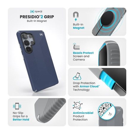 Speck Presidio2 Grip Magnet - Étui Samsung Galaxy S25 Ultra MagSafe (Bleu côtier/Gris poussière/Blanc)
